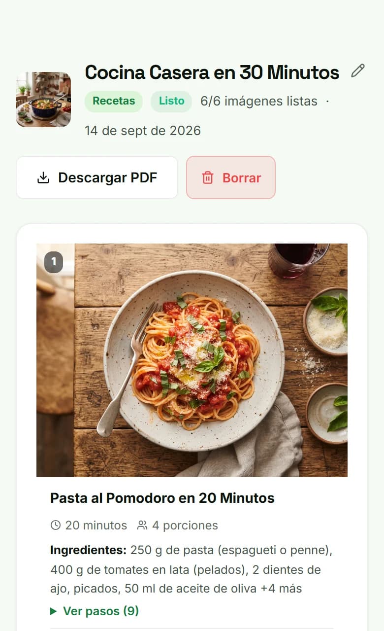 Captura real de la sección Ebooks Ilustrados en un teléfono: receta generada con foto del plato, ingredientes y pasos
