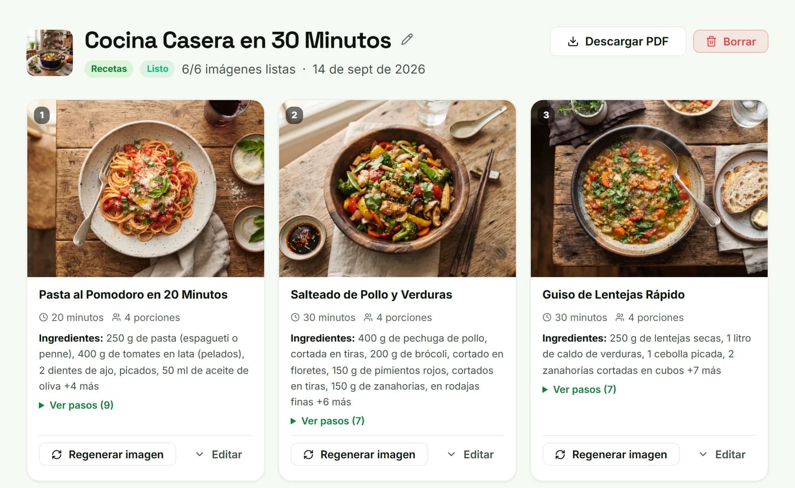Captura real de la sección Ebooks Ilustrados de ForgeBook: un recetario generado con foto de cada plato, ingredientes y pasos por página